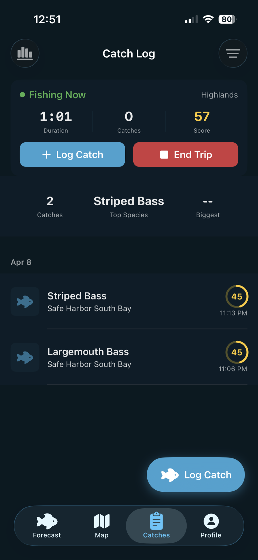 Fish & Tides catch log screen showing logged Striped Bass and Largemouth Bass catches