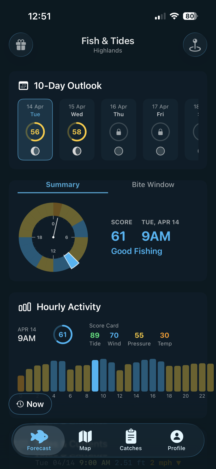 Fish & Tides forecast screen showing the 10-day outlook, fishing score, and hourly activity