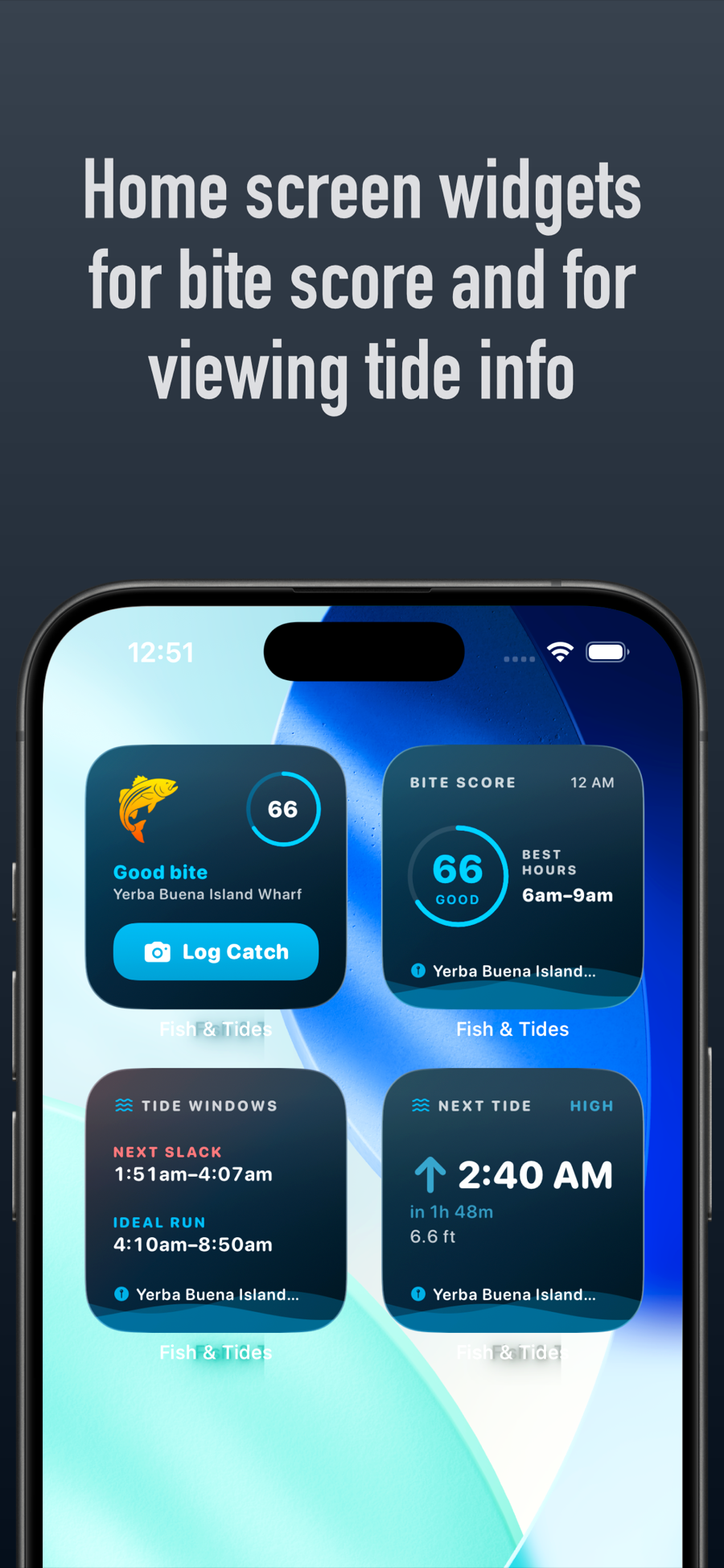 Fish & Tides Bite Score and Next Tide widgets pinned to an iPhone home screen